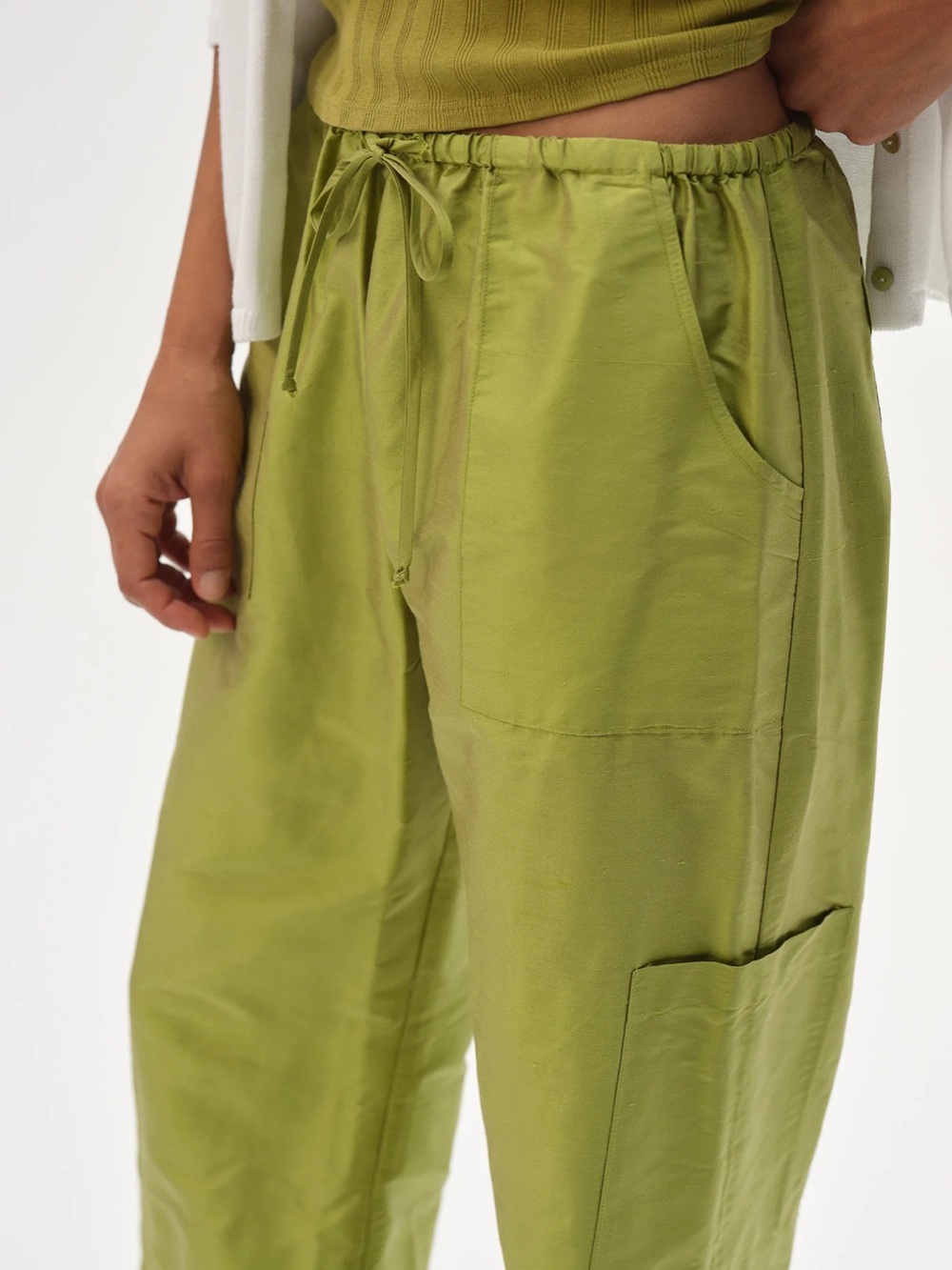 DONNI Silk Taffeta Cargo Pant Pistachio Green XXS - Picture 4 of 9
